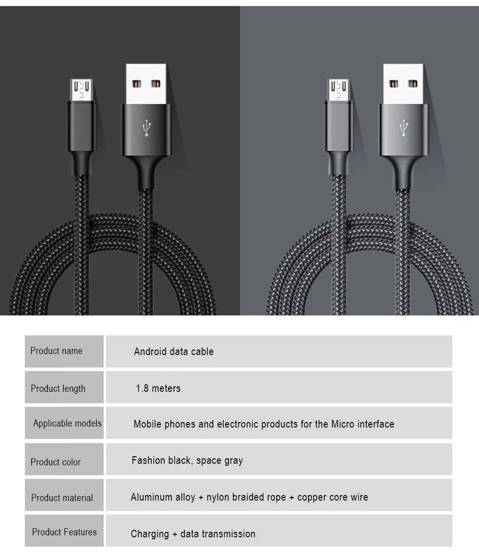 NOHON Nylon 1.8m Android Data Cable Micro USB Fast Charger Cord For Samsung Galaxy Huawei HTC Xiaomi 2A Lighting Charging Cables (2)