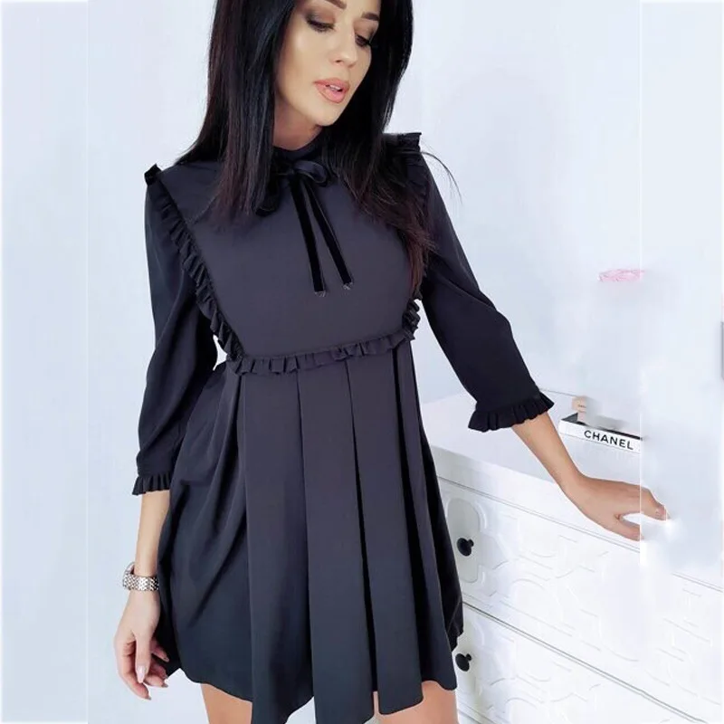 

Spring summer women's fashion explosions solid color round neck boho dress seven-point sleeves temperament lace ruffle dress