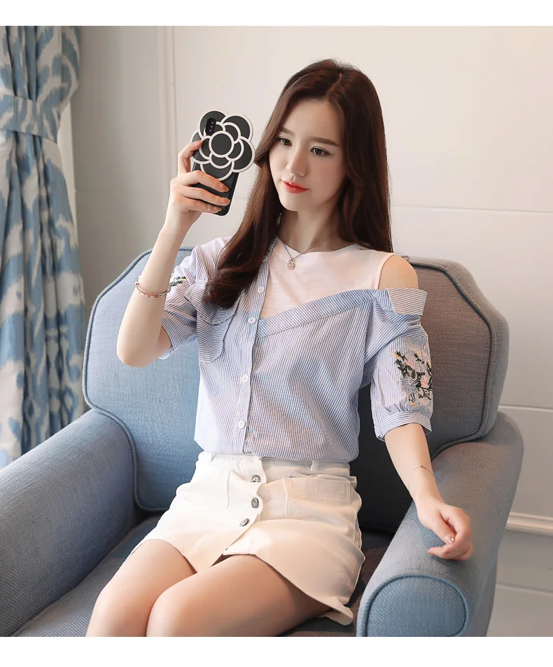 Женские рубашки белые блузки рубашки женские топы корейская модная одежда рубашки полосатые женские с вышивкой блузы 2701 50