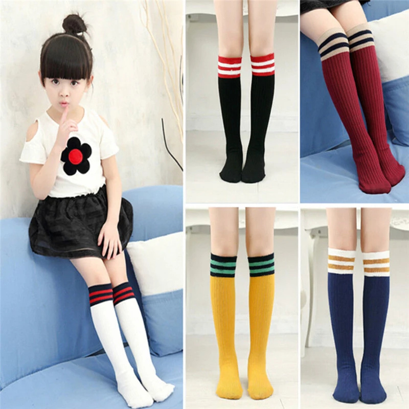 

Cute Baby Girls Knee High Kintting Warm Socks Kids Autumn/Winter Striped Long Socks Cotton Ultra-Soft Elasticity Socks Age 5-10Y