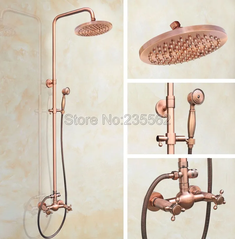 Bathroom Dual Cross Handle Rain Shower Faucet Set Red Copper Brass