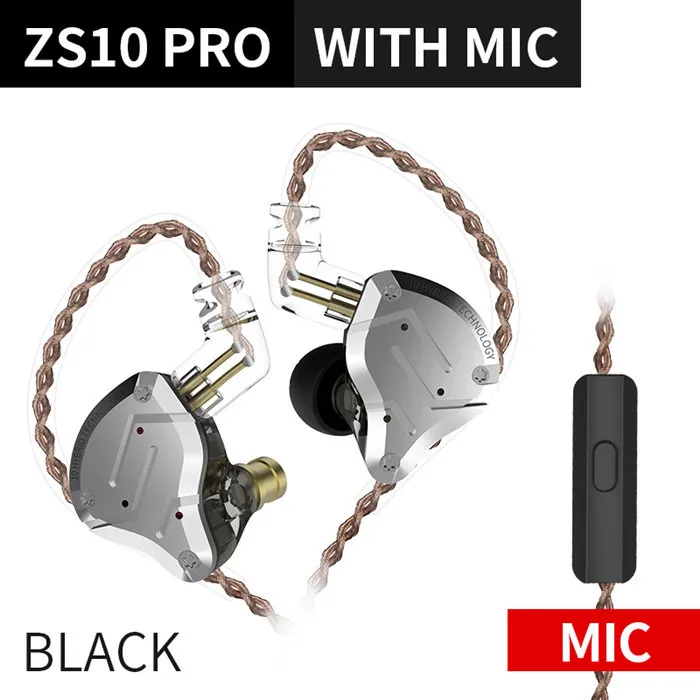CCAKZ ZS10 PRO в ухо гарнитура Металл 4ba+ 1dd Гибридный 10 единиц Hifi бас уши монитор наушники Спорт шумоподавление 2pin - Цвет: ZS10 For Black Mic