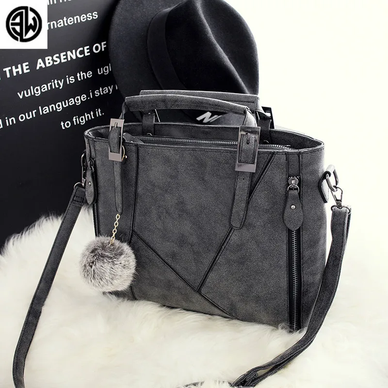 

Women Vintage Soft Leather Shoulder Bags With Hairball Lady Solid Splice Handbags Pompon Simple Messenger Bags luis vuiton GG
