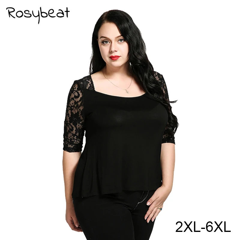 

Plus Size Women Clothing New Arrivals 2018 Lace Splicing five-sleeve T-shirt Square Collar Casual Big Size Female Tops