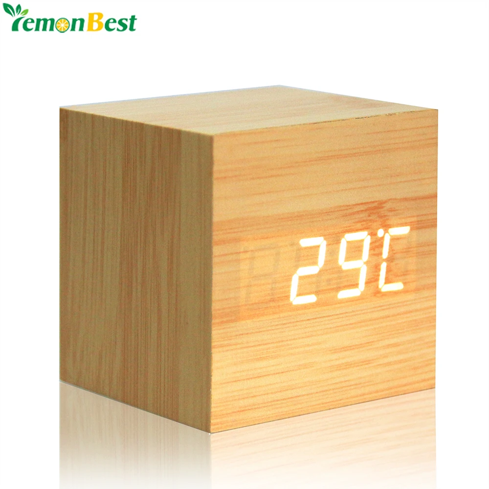 Деревянный светодиодный цифровой будильник с термометром, светодиодный дисплей, календари с датой, электронные настольные цифровые настольные часы для подарка