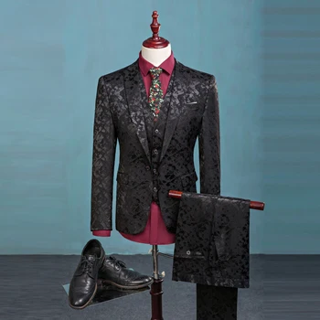 

Men Clothing New Black printing Suits Formal Business High quality 3 Pieces Suits Groom Tuxedos Slim Fit Wedding Prom Costumes