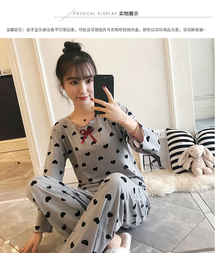 Spring Autumn Women Print Cartoon Love Long Sleeve Pajama Set Home Clothes