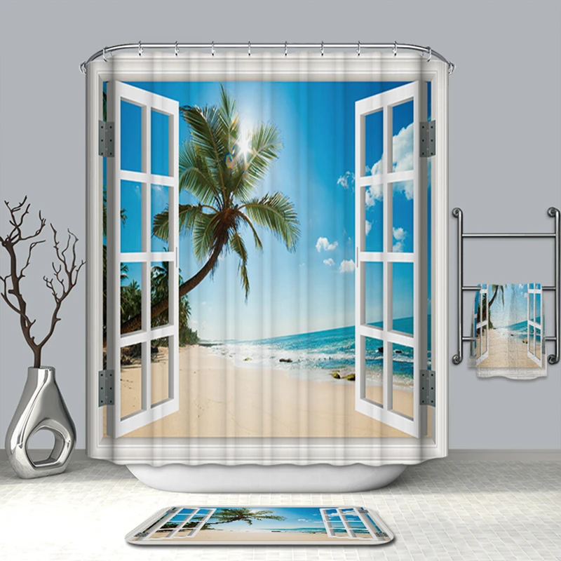 Горячие летние занавески для ванной, поддельные окна, Пляжный Пейзаж, 3D занавески для душа, полиэстер, моющиеся Товары для ванной+ 12 крючков