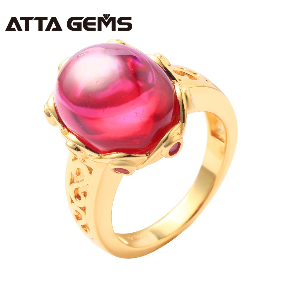 Ruby Sterling Silver Rings for Women Yellow Gold Plated 6.6 Carats Created Ruby Cabochon Cutting Women Wedding Anniversary Gifts