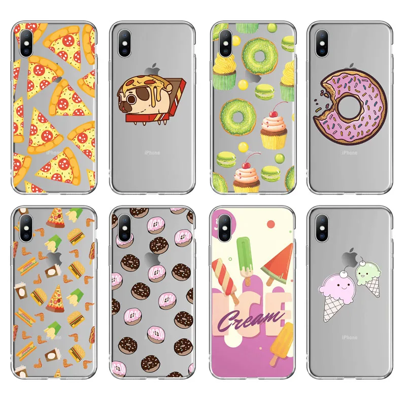 

Ottwn Phone Case For iPhone 6 6s 7 8 Plus X XS XR Xs Max 5 5s SE Transparent Cartoon Pizza Doughnut TPU Silicone Back Cover