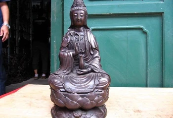 

17 Chinese Pure Bronze South China Sea Bodhisattva Guan Yin Sit on lotus flower