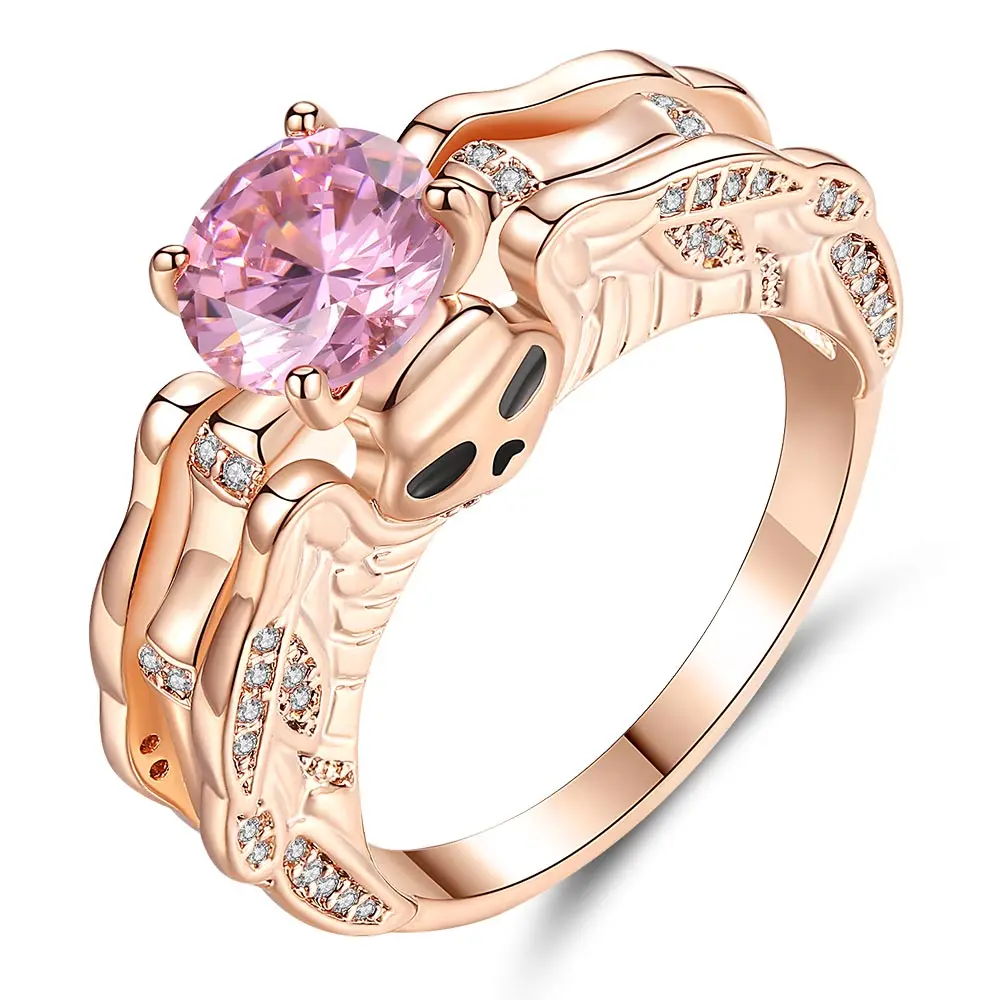 

HPXmas Gold color Pink Crystal Stone Skull Evil CZ Rings Fashion Jewelry For Women females Ladies Party Charms Jewelry B8