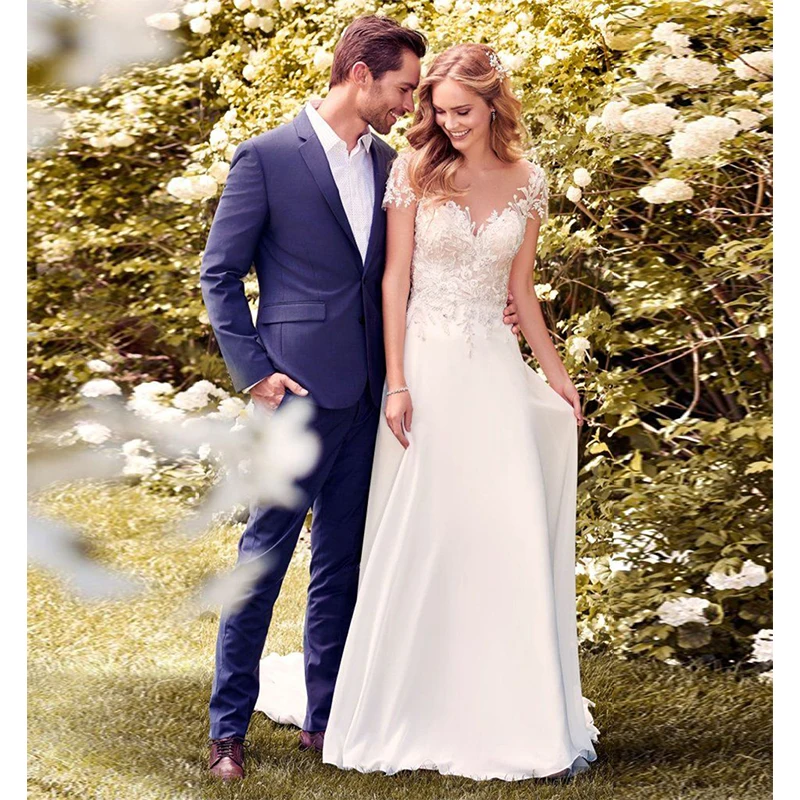 

Verngo 2019 Romantic A-line Wedding Dress Lace Appliques Wedding Gowns V-back Bride Dress Beach Wedding Dress Robe Mariage