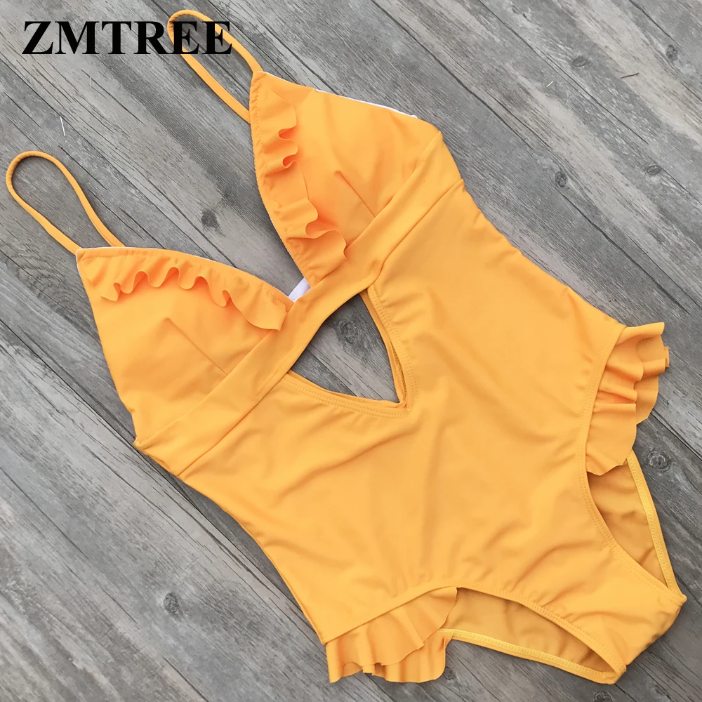 

ZMTREE Hollow Out Swimwear Women One Piece Swimsuit Yellow Bathing Suit Ruffled Maillot De Bain 2018 Triangle Monokini Bodysuit