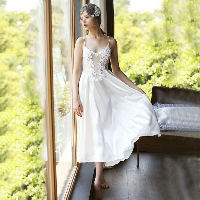Y Women Lace Silk Satin Wedding Night Dress White Deep V Y Women Lace Silk Satin Wedding Night Dress White Deep V Neck Sleeveless Embroidery