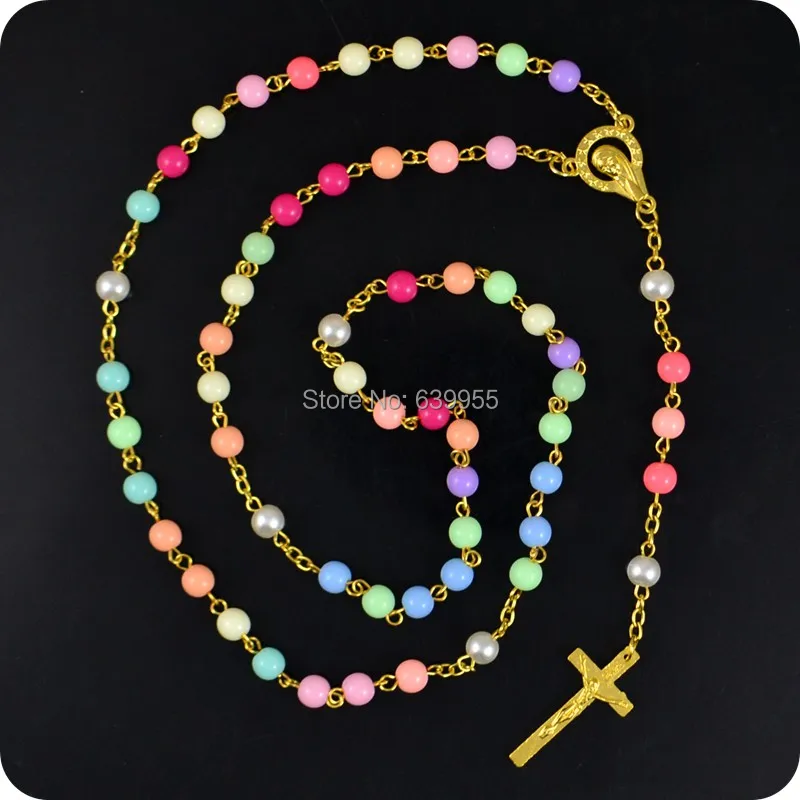 Multicolor Rosary Beads Necklace INRI Jesus Cross Pendant Necklaces