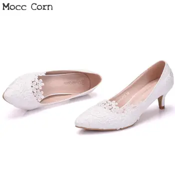 

34~43 Plus Size Flower Shoes Women Pumps Low Heel Wedding Shoes Bridel Lace High Heels Genuine Leather Pumps Women Sexy Stiletto