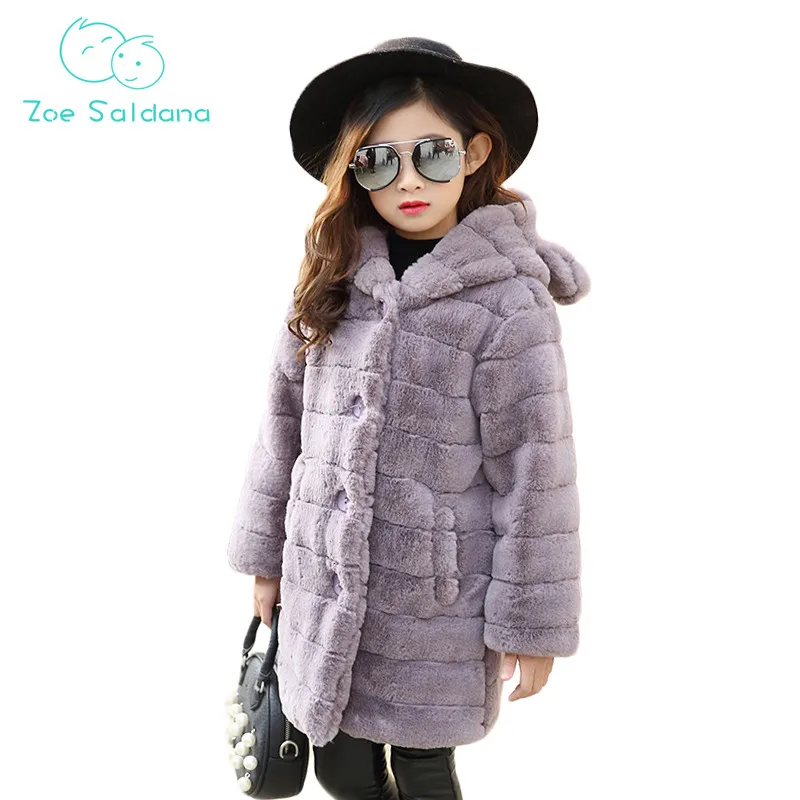 

Zoe Saldana Girl's Coats 2017 New Winter Faux Fur Thicken Solid Parkas Teenager Girls Casual Long Hooded Wool Warm Outerwear