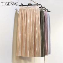 Tigena сезон: весна–лето тонкий средней длины юбки Для женщин Высокая Талия Женская плиссированная юбка Металлический Блеск блестящая юбка для девочек