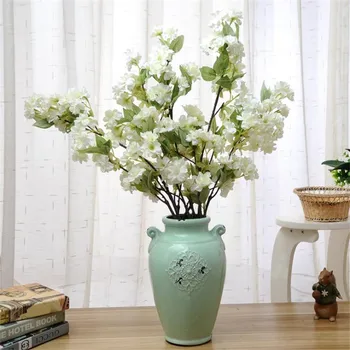 

one Fake Spring Cherry Artificial Flower Simulation Elegant Cherries Blossoms with Green Leaf for Home Wedding Showcase Decor