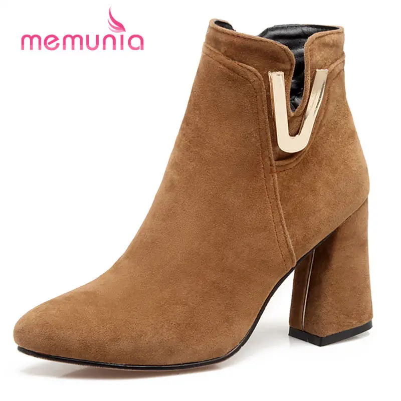 

MEMUNIA new arrive 2018 metal decoration ankle boots for women pointed toe high heel boots square heel knight boots size 34-45