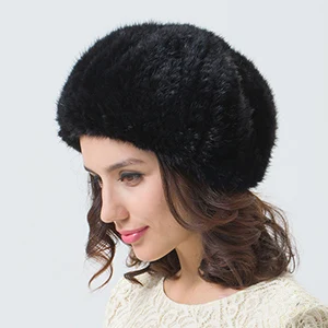 Зимняя меховая шапка из натуральной норки, женская шапка из меха норки, шапка из меха норки, толстая вязаная эластичная шапка, SU-14119 - Цвет: black