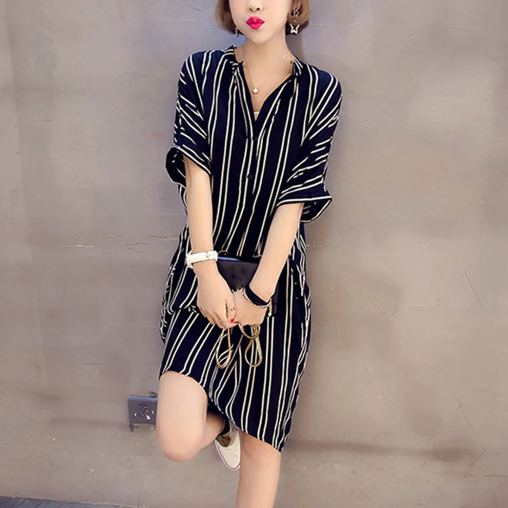 

2018 Plus Size 3XL Women Dress Black and White Vertical Striped Summer Spring Dresses Female Short Sleeve Casual Loose Sundress