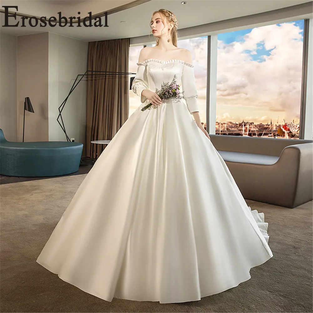 Erosebridal Новое поступление винтажное свадебное платье длинное 2019 вырез лодочкой воротник свадебное платье атласное женское платье невесты