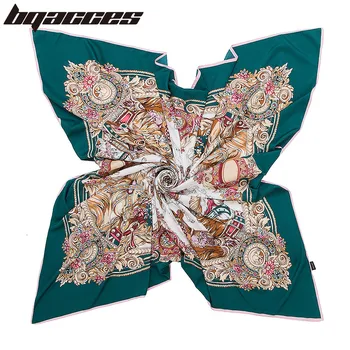 

[BQACCES] 130*130 cm New Carousel Print Twill Silk Square Scarves Women Luxury Brand Bandana Hijab Headband Shawl Super Large