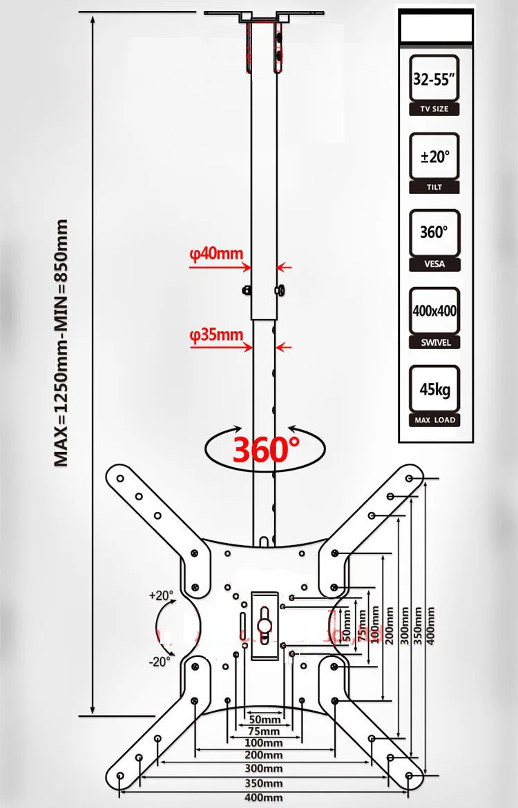 DLC-201AL сталь 400X400 1"-55" 5" 15 наклон вверх вниз ТВ настенное крепление ЖК потолочный кронштейн led Стенд плазменный ТВ держатель