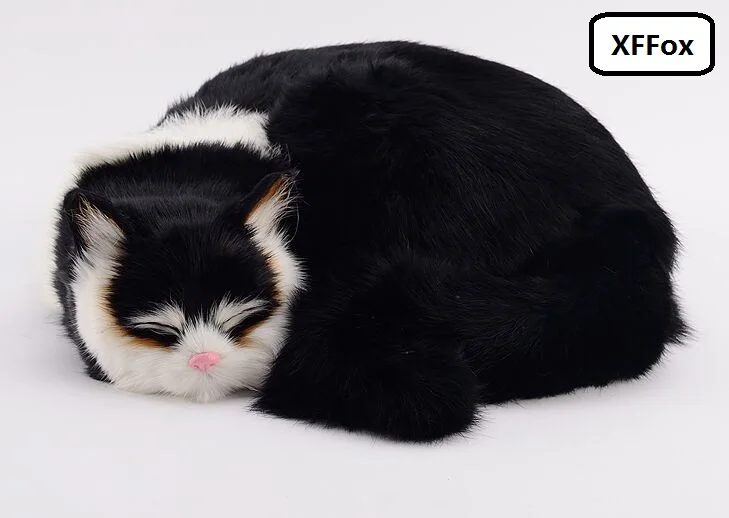 Новый реальной жизни Мягкая игрушка "Спящий котенок" пластиковые и меха черный игрушечный Кот в подарок около 29x31x10 см xf1425