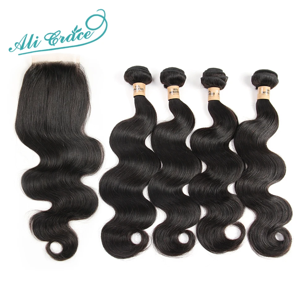 

Ali Grace Hair Lace Closure with Bundles 1B black Brazilian Body Wave Hair Weave 4Bundles with Lace Closure Middle/Free Part