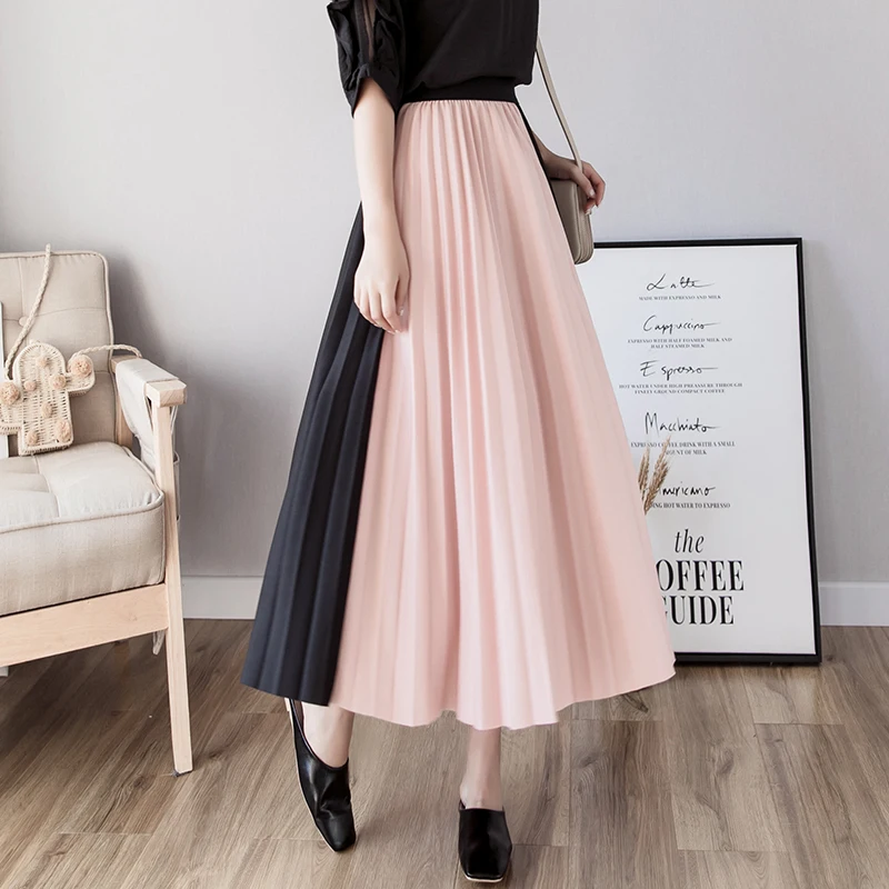 Korean hit color pleated skirt women elastic high waist women's skirts slim a line patchwork