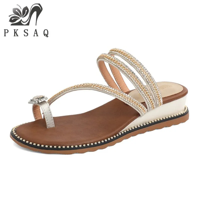 

PKSAQ 2019 Summer Fashion Crystal Face Ladies Slippers New Waterproof Platform Flat Bottom Wedge Outdoor Leisure Female Sandals