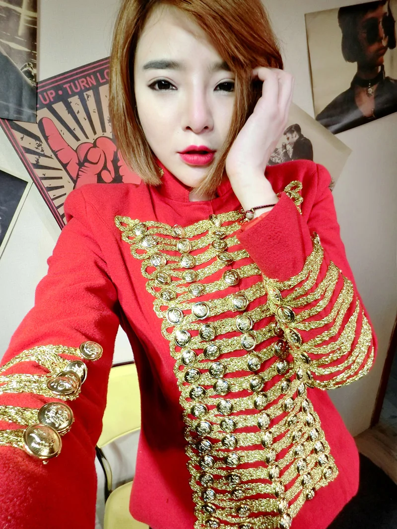 Womens Vintage Military Coat Double Breasted Wool Blend Jacket Outwear Slim Fit Red Gold D9