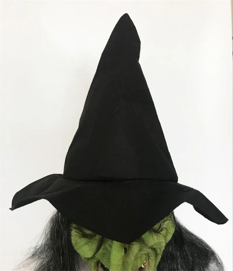 Halloween Green Face Witch Horror Mask Head Long Hair Scary Latex Mask Headband Black Hat Dance Show Performance Props HW51 (1)
