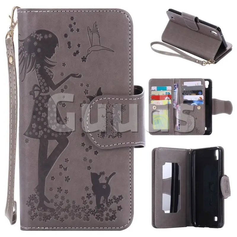 Embossing Cat Girl 9 Card Leather Wallet Case for LG X Power LS755 K220DS K220 US610 K450 - Gray