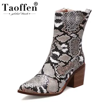 

Taoffen New Winter Ankle Boots Women Sexy Pointed Toe Snake Print Fall Shoes Women Zipper High Heels Designer Boots Size 34-44