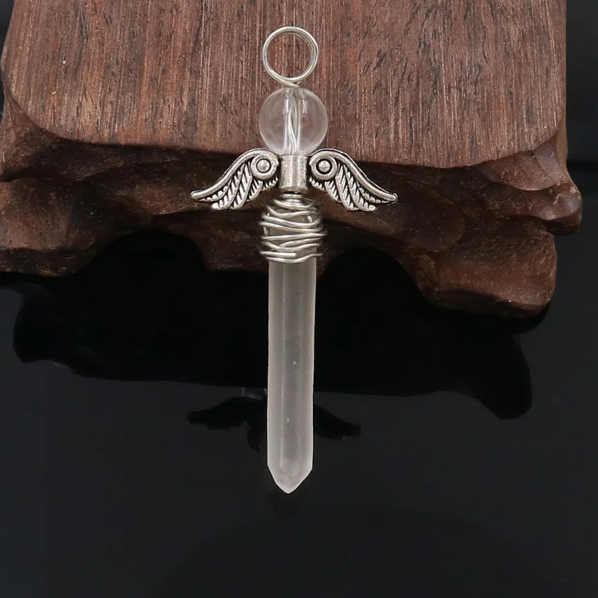 

YJXP Silver Plated Wire Wrap Irregular Shape Natural Rock Crystal Angel Wing Pendant For Anniversary Jewelry