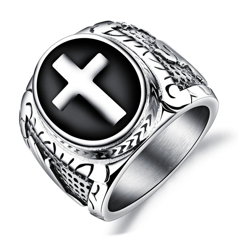 

Vintage Silver Gold Black Two-Tone Holy Cross Signet Ring Prayer Christian Jesus Religious Cocktail Valentine
