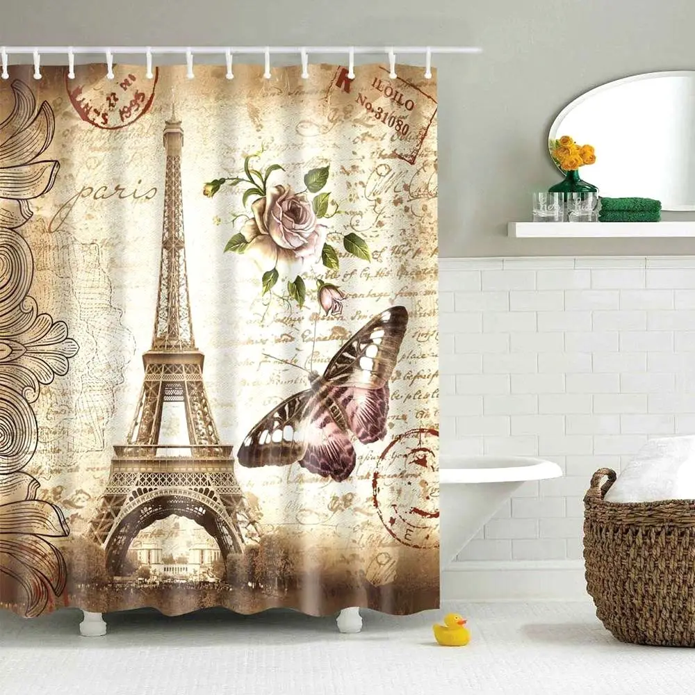 

Dafield Vintage Paris Eiffeltower Butterfly and Flower Design Bathroom Accessories Home Decoration Vintage Shower Curtain