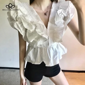 

Bella philosophy Summer Ruffle Patchwork Womens Shirts Blouse V Neck Sleeveless Tunic Short Tops Female Korean Fashion 2019 New