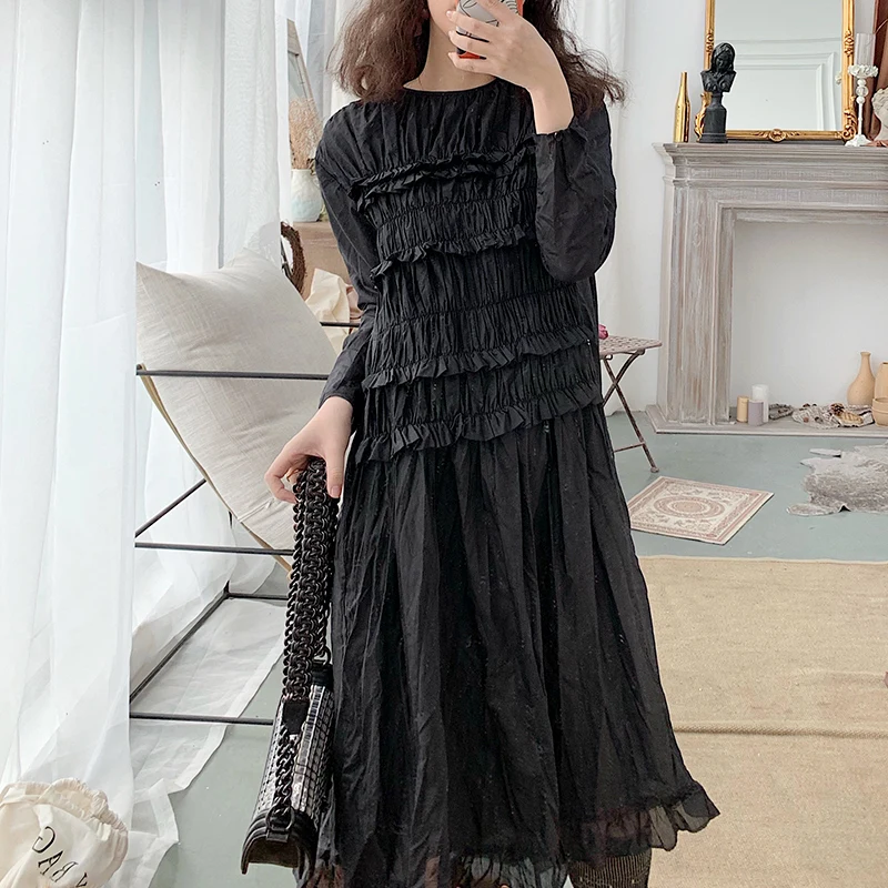 

Korean 2019 Spring and Summer New Dress Black Chiffon Loose Personality Elegant Fashion Dress Casual Solid Full Ruffles