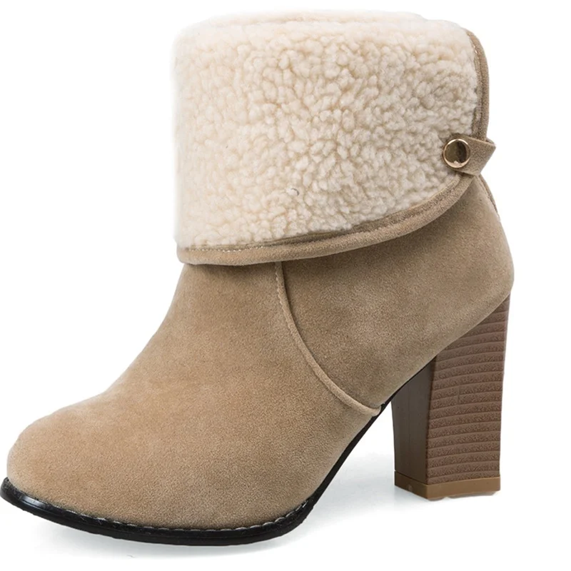 

comfortable woman shoes Solid ankle boots Winter Square heel 8.5 cm Beautiful Round Toe Nubuck flock leather Ladies shoes woman