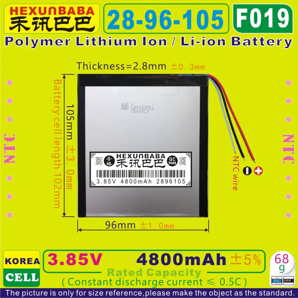 

[F019] 3.85V,3.7V 4800mAh [2896105] NTC;Polymer lithium ion / Li-ion battery for tablet pc,cell phone,POWER BANK