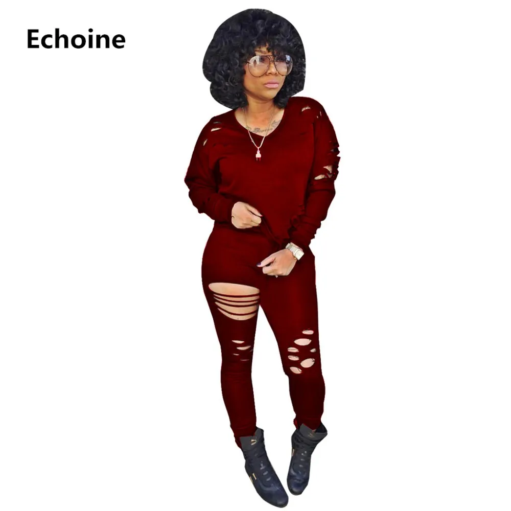 

Women Hole Sportwear 2 Pieces Set V-neck Tops And Pants Long Sleeve Sexy Hole Pants Female Pants Set Slim Casual Tracksuit