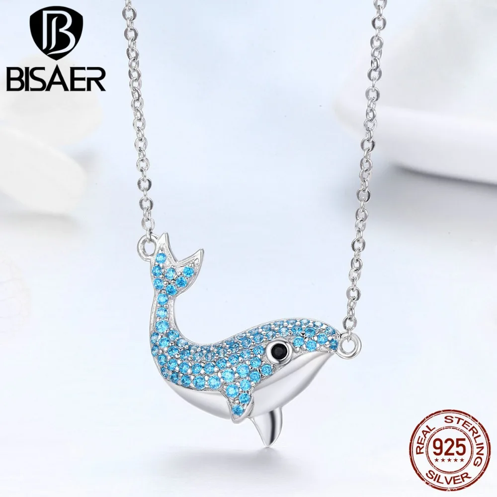 

BISAER Authentic 925 Sterling Silver Blue CZ Ocean Animal Whale Chain Necklace for Women Luxury Silver Jewelry Gift HSN224
