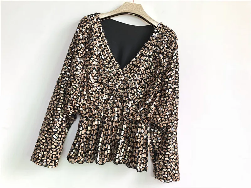 Colors Ruffles Sequined Beading Women Luxury  Fashion V-neck Batwing Sleeve Pullovers Blouse Top 17