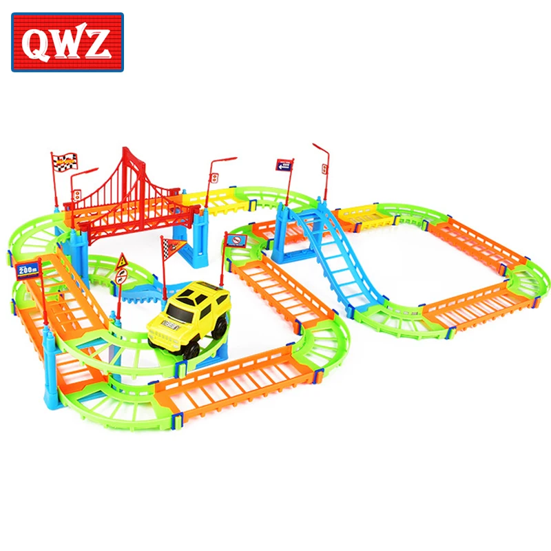 

QWZ 73Pcs Electric Racing rail Car Kids Train Track Model Toy Baby Railway Track Racing Road Transportation Building Slot Sets