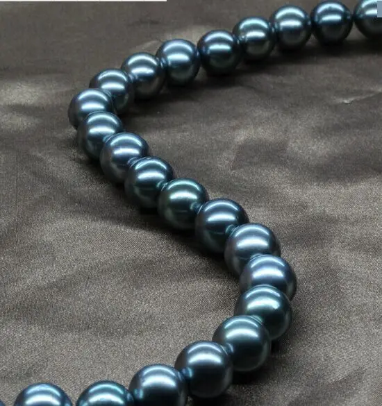 

stunning 12MM tahitian black green round pearl necklace 19inch